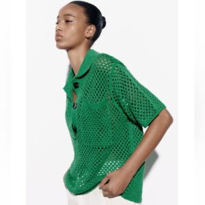 Zara Pull polo en maille filet vert