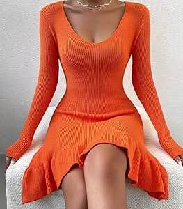 Robe pull pour femme - Robe pull en tricot côtelé à ourlet volanté Robe pull