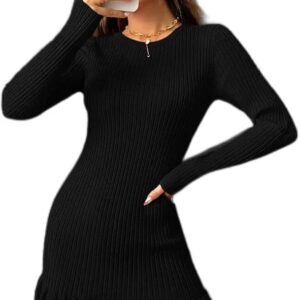 Robe pull pour femme - Robe pull en tricot côtelé à ourlet volanté Robe pull