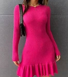 Robe pull pour femme - Robe pull en tricot côtelé à ourlet volanté Robe pull