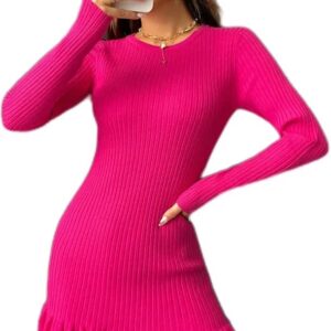 Robe pull pour femme - Robe pull en tricot côtelé à ourlet volanté Robe pull