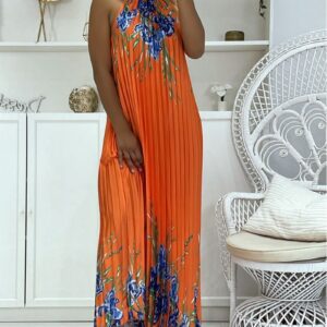 ROBE LONGUE SATINÉE ROYALE PLISSÉE AVEC MOTIF FLORAL ET COL MONTANT