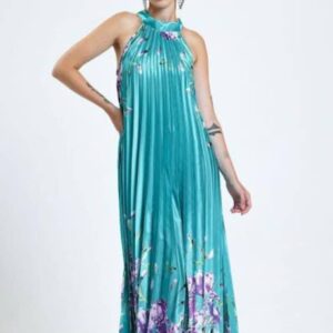 ROBE LONGUE SATINÉE ROYALE PLISSÉE AVEC MOTIF FLORAL ET COL MONTANT