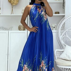 ROBE LONGUE SATINÉE ROYALE PLISSÉE AVEC MOTIF FLORAL ET COL MONTANT