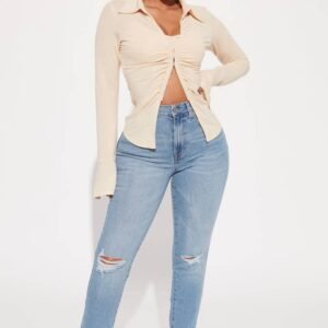 Pantalon jeans mom déchiré peu Stretch - Délavé bleu moyen