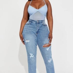 Pantalon jeans Mom dechiré - Bleu moyen délavé