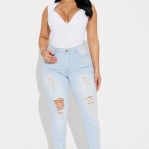 Pantalon jeans skinny taille haute effet vieilli Kenley - Délavé bleu clair