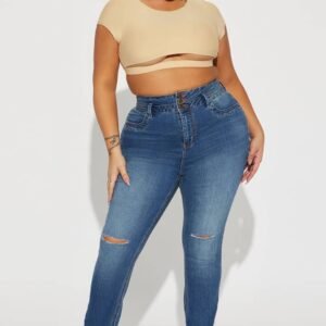 Pantalon Jeans skinny extensible à trois boutons Délavé foncé