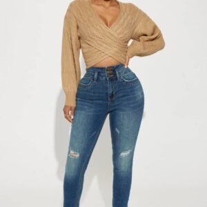 Pantalon Jeans skinny extensible à trois boutons Délavé foncé