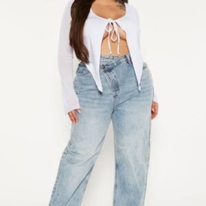 Pantalon Jeans coupe droite croisée - Délavage bleu clair