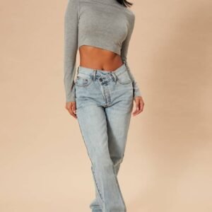 Pantalon Jeans coupe droite croisée - Délavage bleu clair