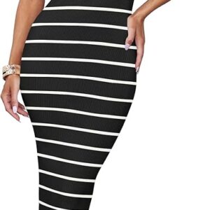 Robe mi-longue moulante d'été pour femme ZESICA 2024, rayée, manches courtes, tricot côtelé, coupe ajustée, fente latérale, t-shirt