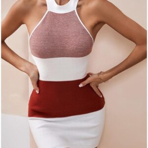 Robe sexy en tricot sans manches pour femmes, couleur assortie, côtelée, dos nu, mini-robe slim