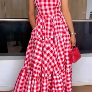 Robe Maxi à carreaux Poche et Ourlet À Volants volanté