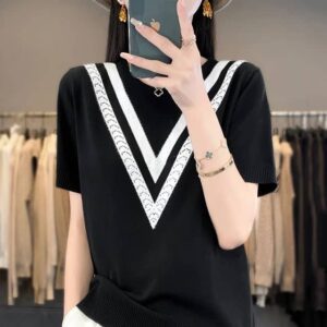 T-shirt en pur coton à manches courtes et col rond pour femme, pull