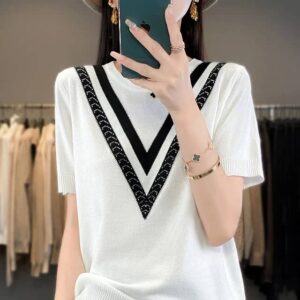 T-shirt en pur coton à manches courtes et col rond pour femme, pull