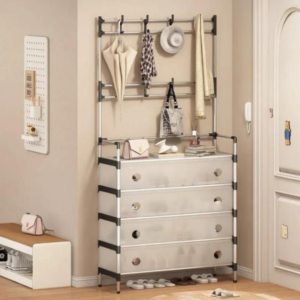 Organisateur d’entrée 3-en-1 – Étagère à chaussures multi-niveaux avec porte-vêtements et support pour chapeaux