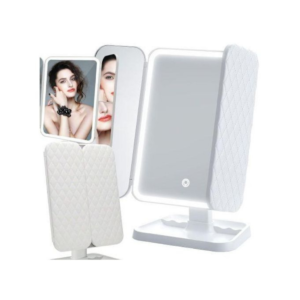 Miroir de maquillage pliable à trois côtés avec lumière LED