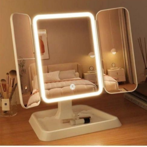 Miroir de maquillage pliable à trois côtés avec lumière LED